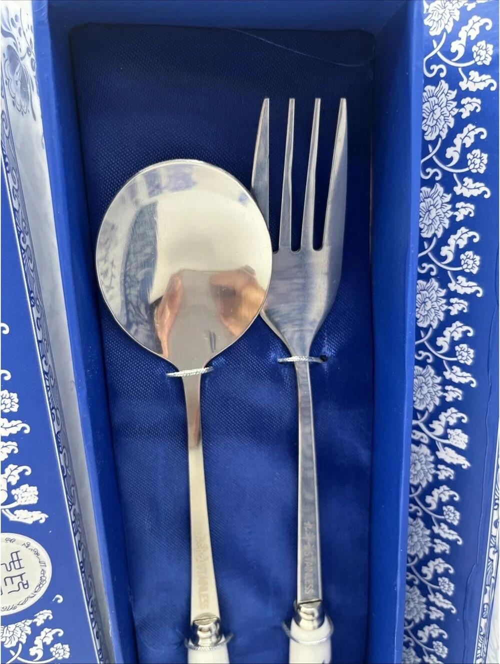 2 Blue White Asian Style Spoon Fork Sets Porcelain Handles Stainless Gift Boxed
